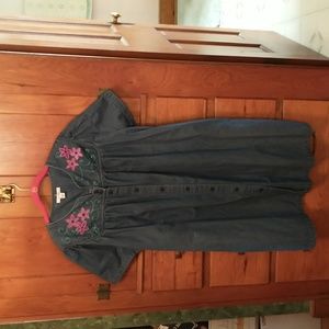 Vintage - Go Softly Patio House Dress - Dark Denim/Embroidered w/Flowers - XL